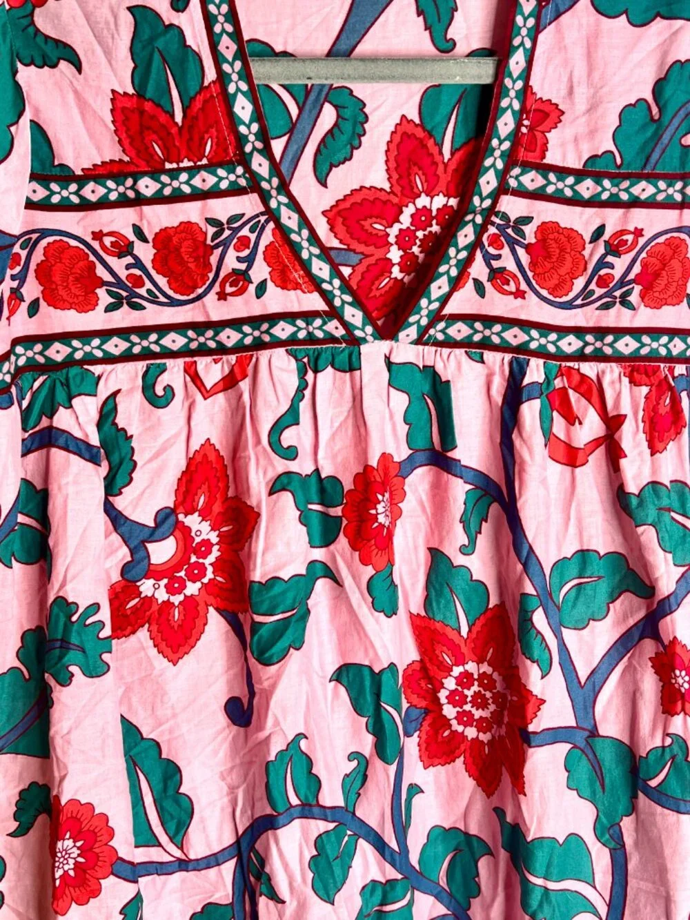 J. Crew Pink Red V-Neck Tunic Dress in Floral Block Print Beach Resortwear S